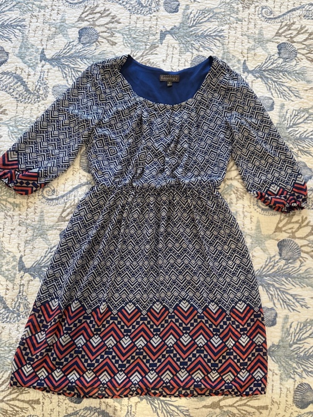 Luxology Navy and Pink Chevron Border Casual Dress